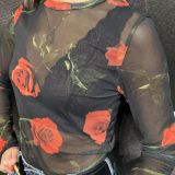 T-SHIRT IN TULLE STAMPA ROSE nero