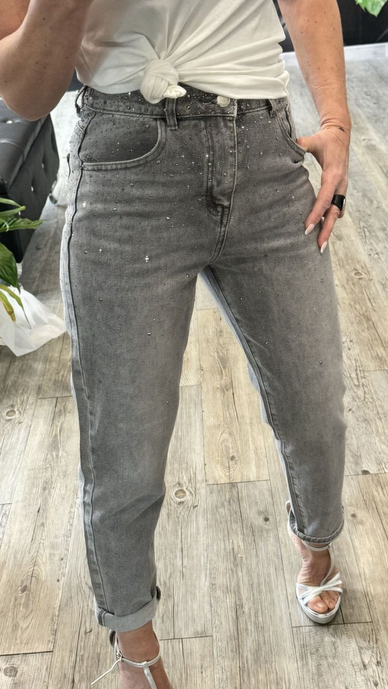 JEANS STRASS MOM FIT grigio