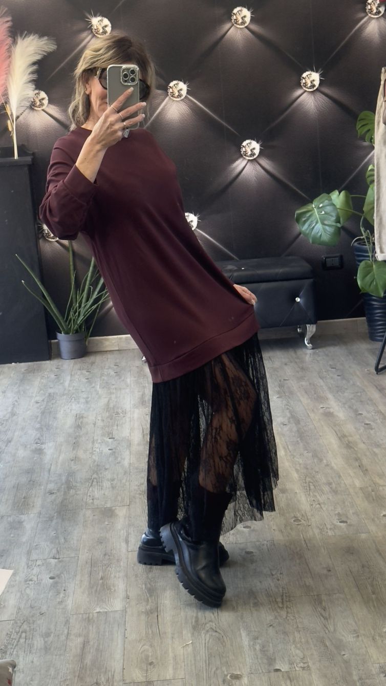 VESTITO FELPA CON PIZZO bordeaux