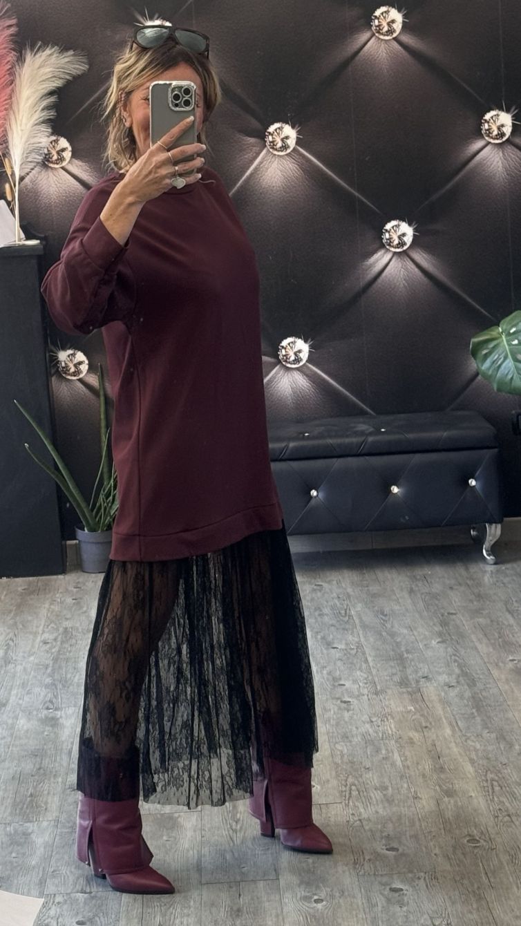 VESTITO FELPA CON PIZZO bordeaux