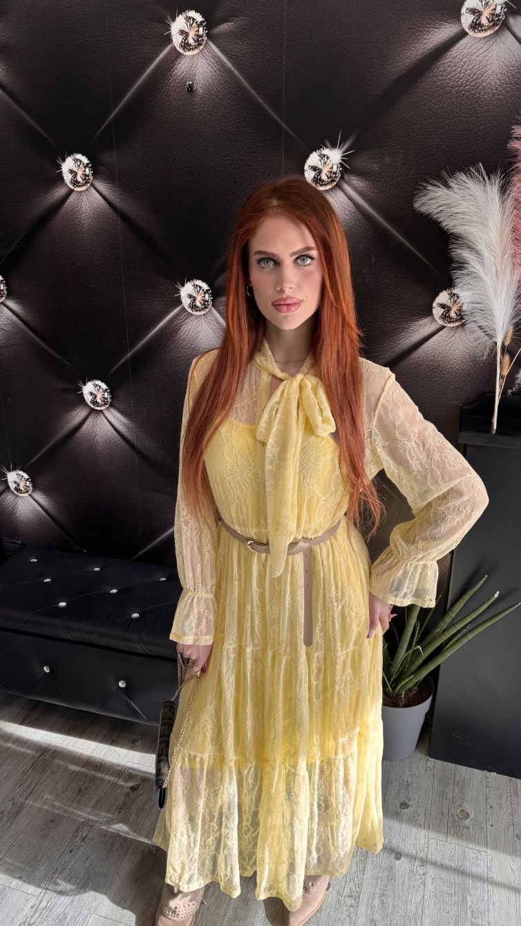 VESTITO IN PIZZO CON FIOCCO giallo