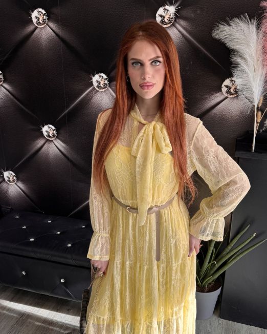 VESTITO IN PIZZO CON FIOCCO giallo