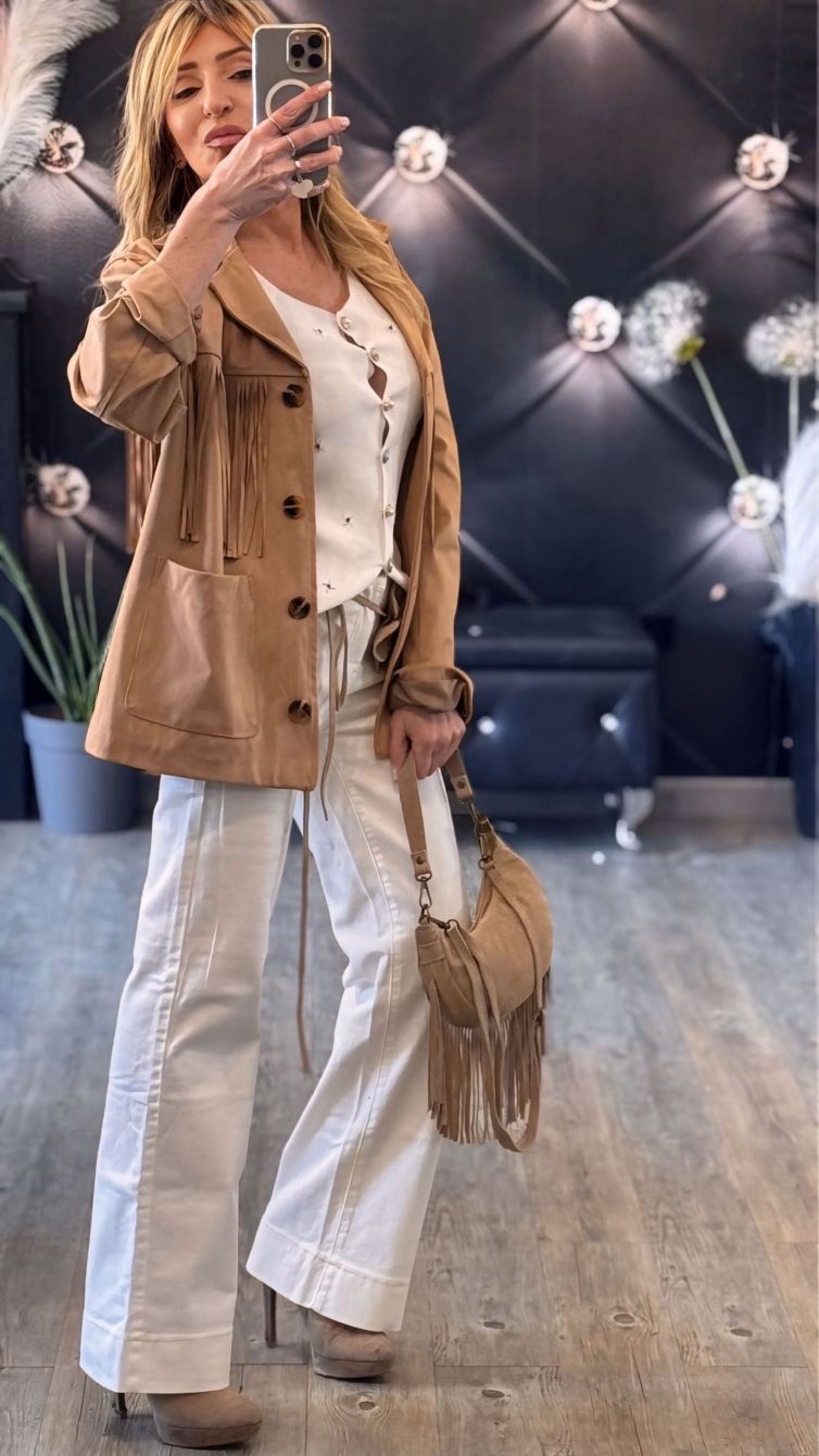GIACCA FRANGE OVER IN SUEDE Colore sabbia