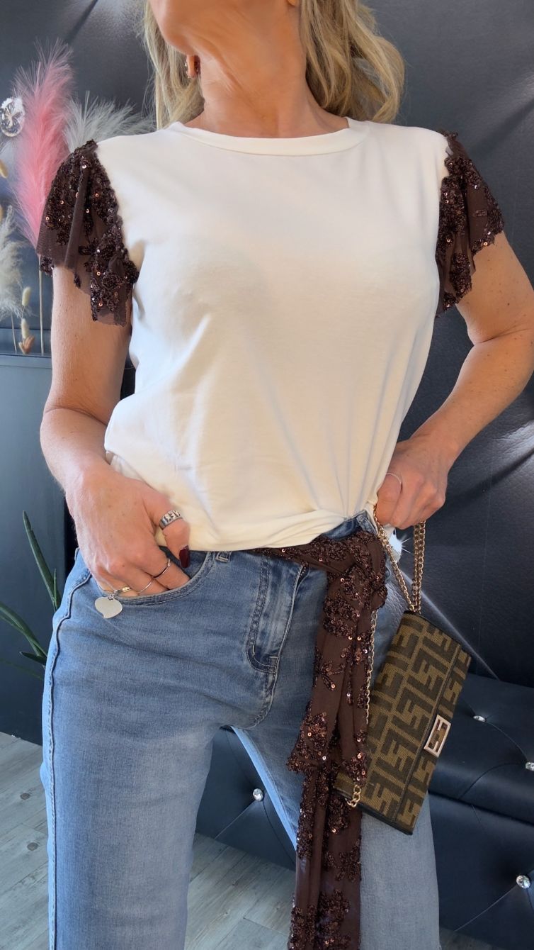 T-SHIRT CON FOULARD IN PAILLETTES color latte