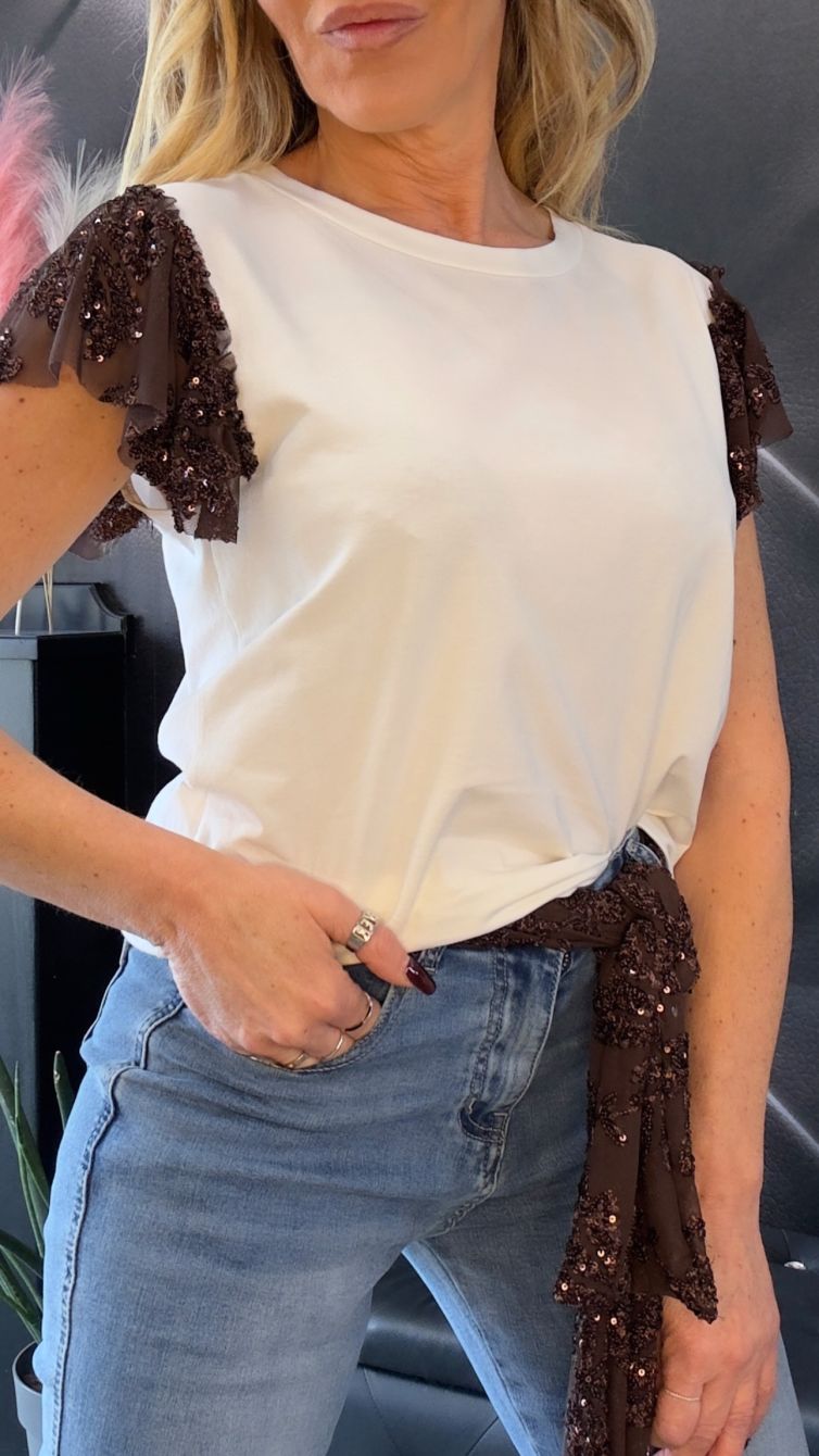 T-SHIRT CON FOULARD IN PAILLETTES color latte