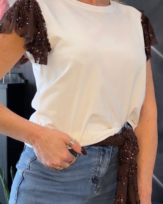 T-SHIRT CON FOULARD IN PAILLETTES color latte