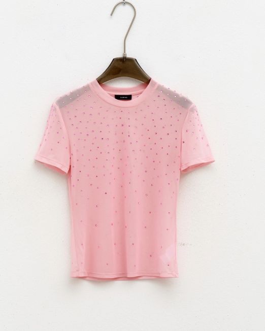 T-SHIRT STRASS LUMINA IN TULLE rosa