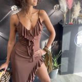 VESTITO LUNGO ASIMMETRICO colore cioccolato