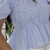 TOP STAMPA RIGHE CON STRASS celeste