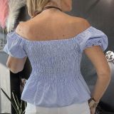 TOP STAMPA RIGHE CON STRASS celeste