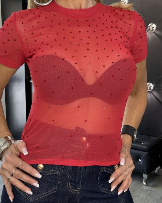 T-SHIRT STRASS LUMINA IN TULLE corallo