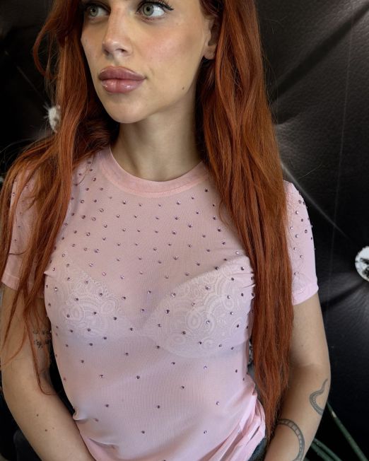 T-SHIRT STRASS LUMINA IN TULLE rosa