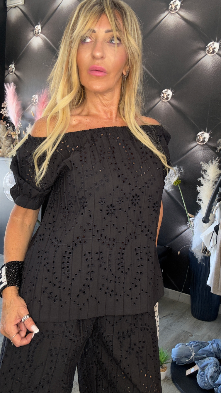 BLUSA IN PIZZO SANGALLO SPALLE NUDE nero