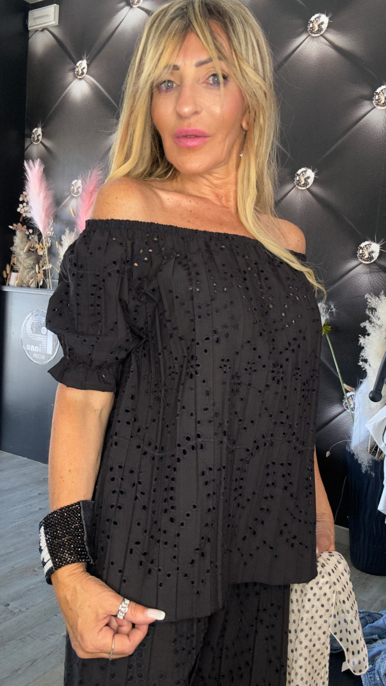 BLUSA IN PIZZO SANGALLO SPALLE NUDE nero