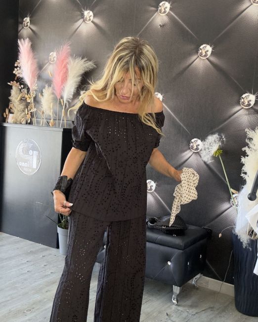 PANTALONE FLUIDO IN PIZZO SANGALLO nero