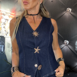 GILET IN DENIM ELASTICIZZATO CON BOTTONI GIOIELLO blu