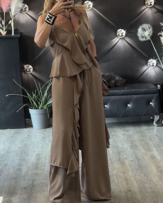 TOP LUNGO E PANTALONE FLUIDO colore mocha mousse