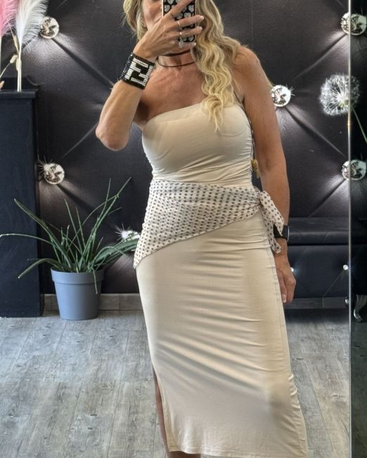 VESTITO MIDI A FASCIA CON SPACCO colore burro