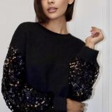 MAGLIA SHINY CON  MANICA PAILLETTES  TRAFORATA nera