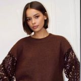 MAGLIA SHINY CON  MANICA PAILLETTES  TRAFORATA marrone
