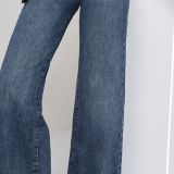 JEANS PALAZZO ELASTICIZZATO CON CINTURA CUOIO lavaggio blu vintage