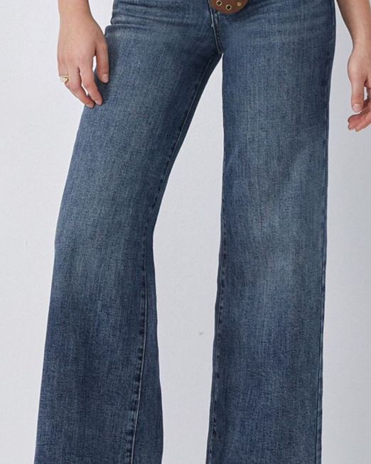 JEANS PALAZZO ELASTICIZZATO CON CINTURA CUOIO lavaggio blu vintage