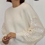 MAGLIA SHINY CON  MANICA PAILLETTES  TRAFORATA panna