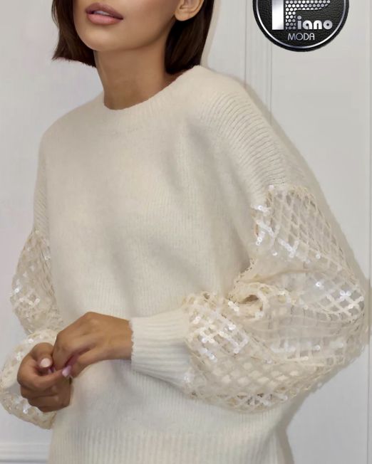 MAGLIA SHINY CON  MANICA PAILLETTES  TRAFORATA panna
