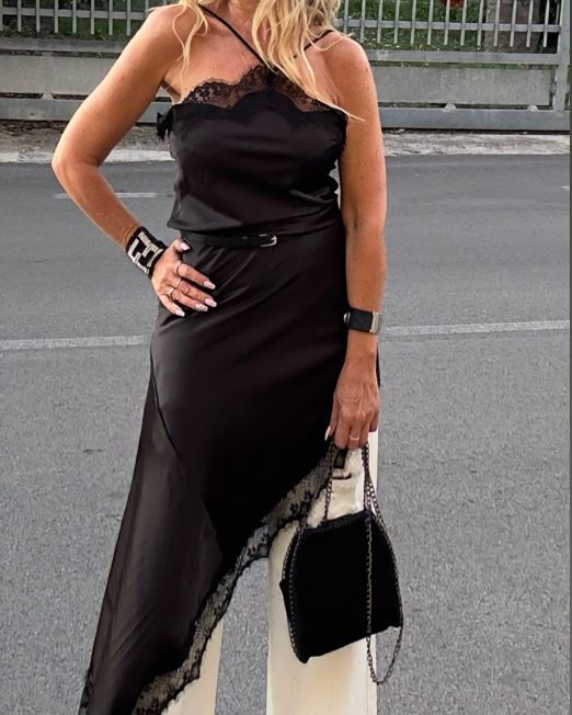 VESTITO ASIMMETRICO SATINATO SCOLLO HALTER nero