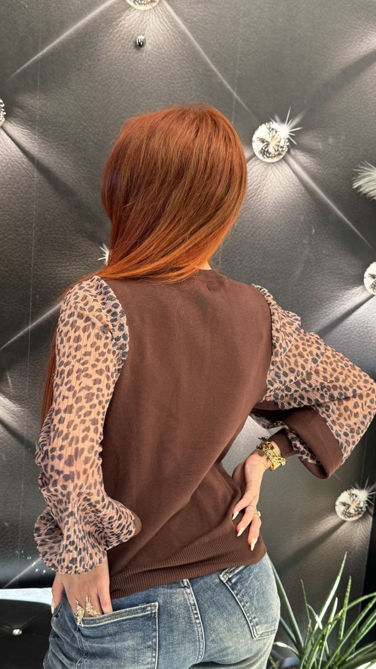 MAGLIA CON MANICHE ANIMALIER IN VOILE colore tabacco
