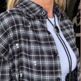 CAMICIA QUADRI OVER IN FLANELLA CON STRASS LUMINOSI stampa grigio – nero