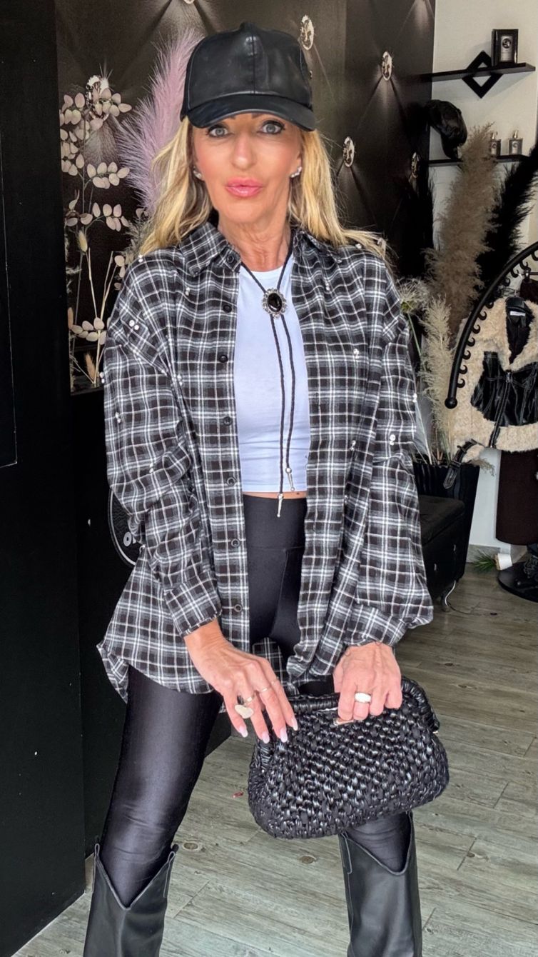 CAMICIA QUADRI OVER IN FLANELLA CON STRASS LUMINOSI stampa grigio – nero