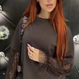 T-SHIRT CACAO  CON MANICHE IN PIZZO