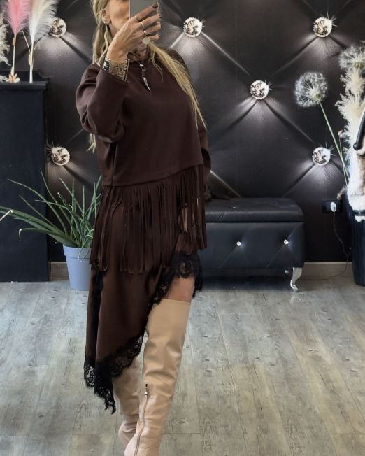 FELPA DALLAS CON FRANGE LUNGHE colore marrone