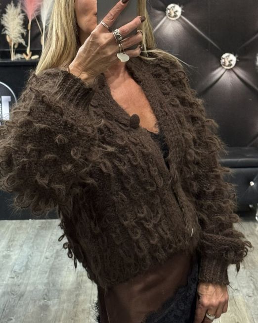 Cardigan Pelosetto con Frangette – Soft Knit Look colore caffè’