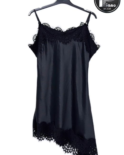 TOP NERO IN SATIN CON PIZZO TAGLIO ASIMMETRICO nero