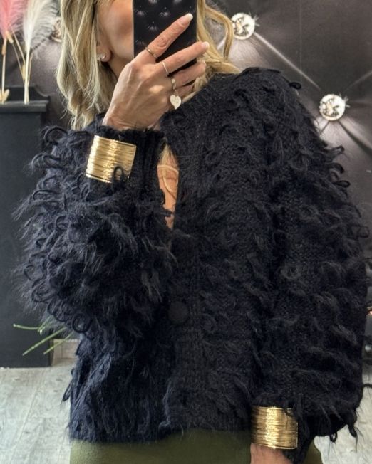 Cardigan Pelosetto con Frangette nero
