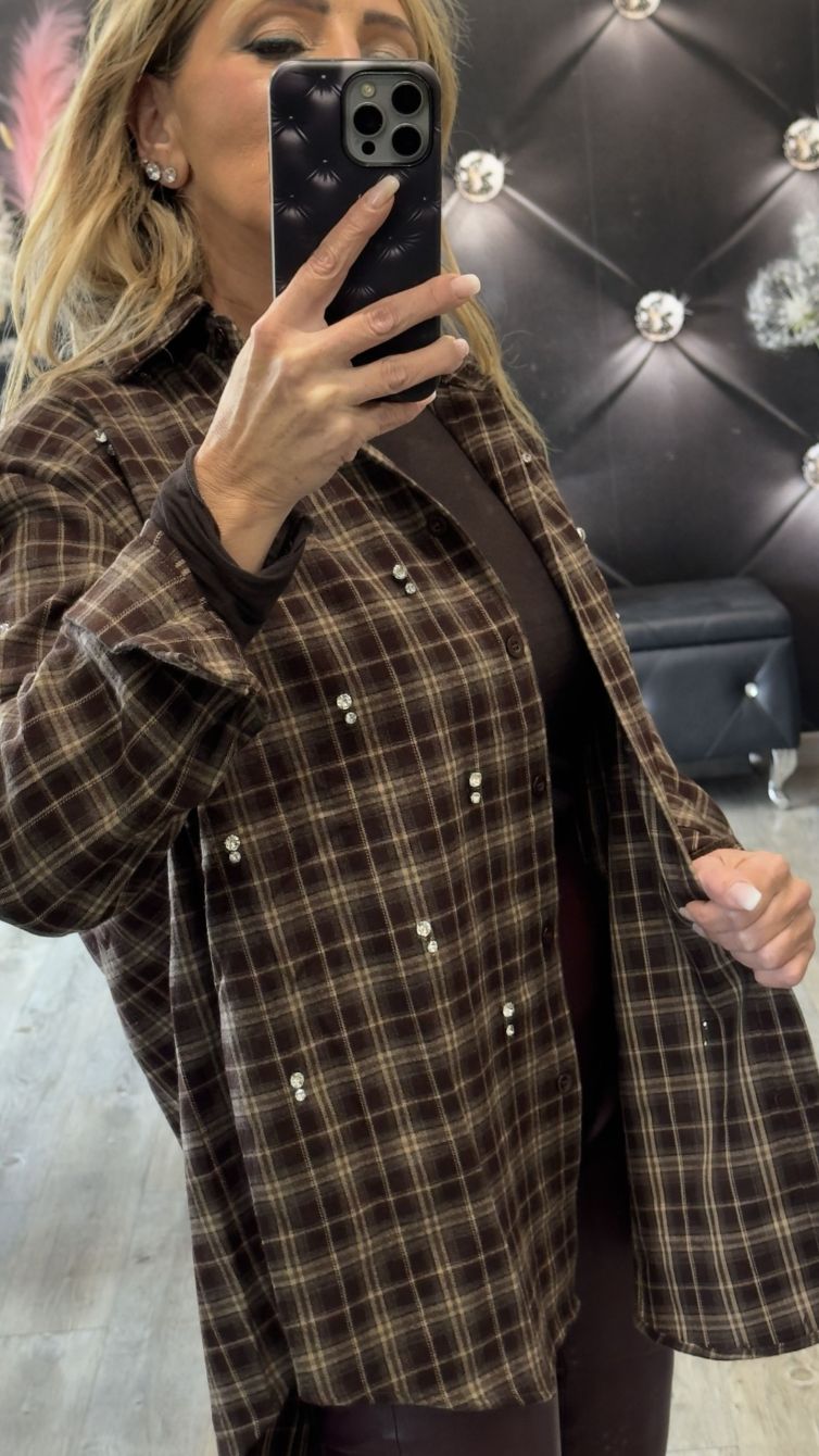 CAMICIA QUADRI OVER IN FLANELLA CON STRASS LUMINOSI stampa marrone