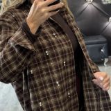 CAMICIA QUADRI OVER IN FLANELLA CON STRASS LUMINOSI stampa  marrone