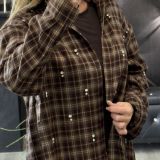 CAMICIA QUADRI OVER IN FLANELLA CON STRASS LUMINOSI stampa  marrone