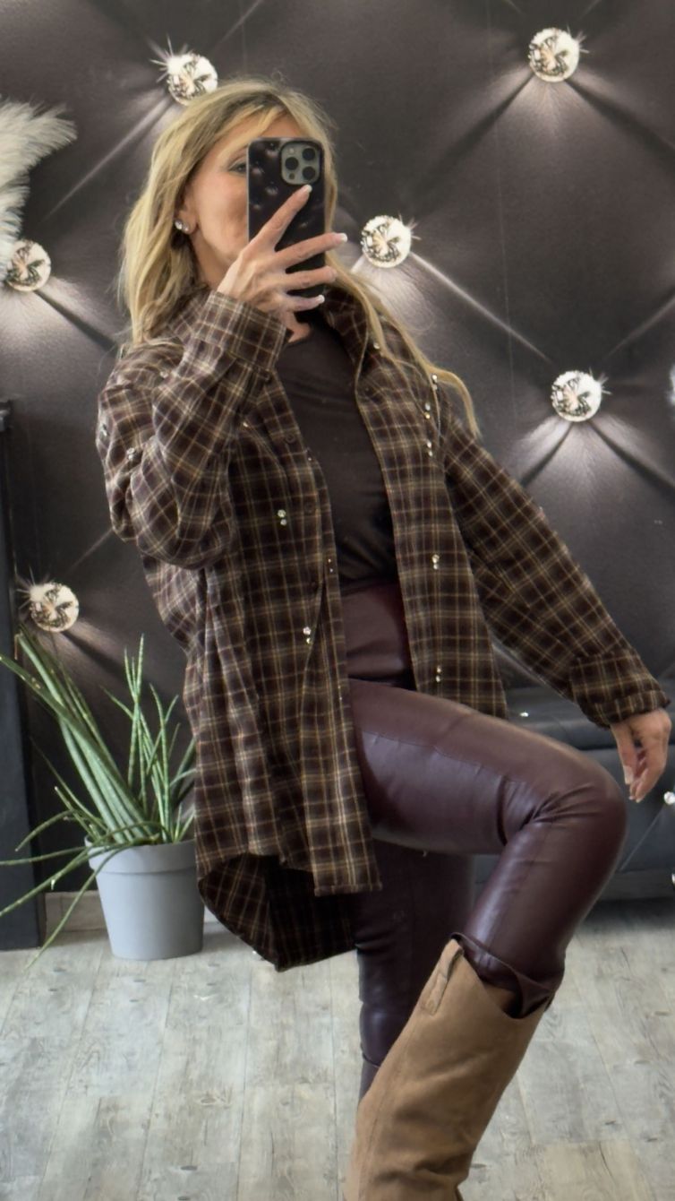 CAMICIA QUADRI OVER IN FLANELLA CON STRASS LUMINOSI stampa marrone