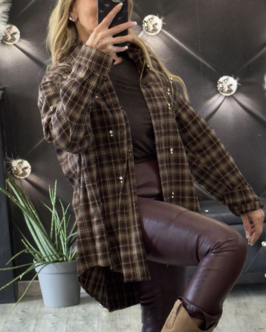 CAMICIA QUADRI OVER IN FLANELLA CON STRASS LUMINOSI stampa  marrone