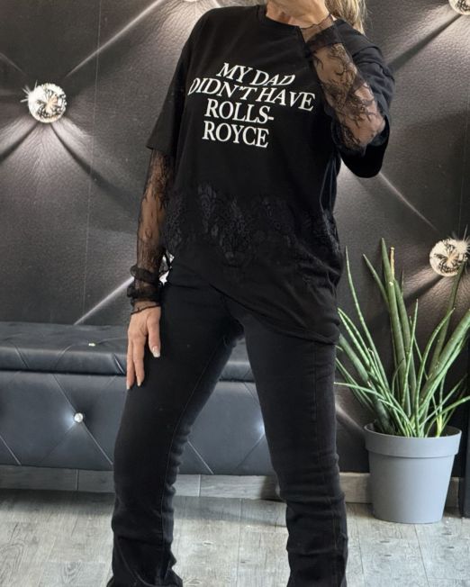 T-SHIRT STAMPA CON PIZZO nero