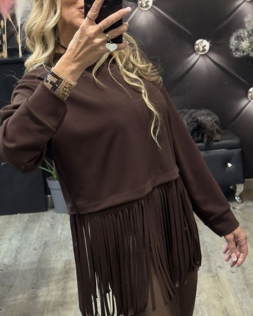 FELPA DALLAS CON FRANGE LUNGHE colore marrone