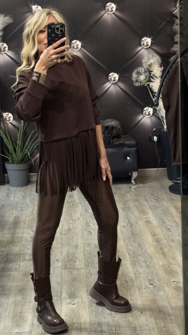 LEGGINGS LUCIDI IN LYCRA CON STAFFE marrone