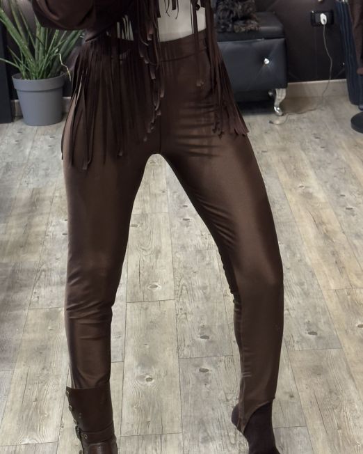 LEGGINGS LUCIDI IN LYCRA CON STAFFE marrone
