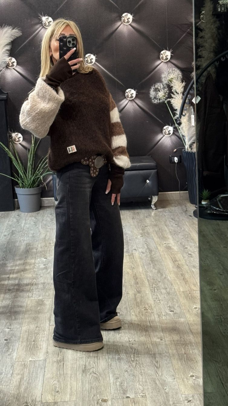 MAGLIONE SOFT BICOLORE marrone e panna