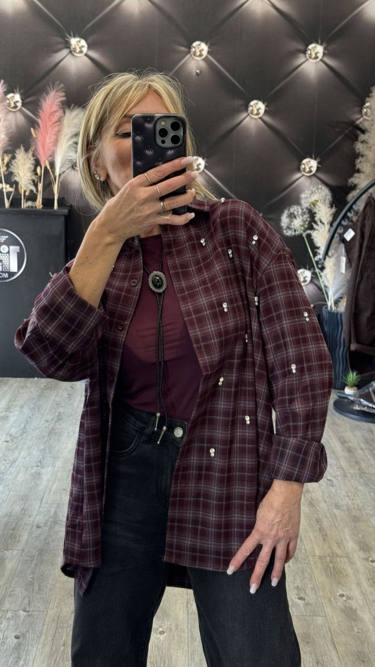 CAMICIA QUADRI OVER IN FLANELLA CON STRASS LUMINOSI stampa bordeaux