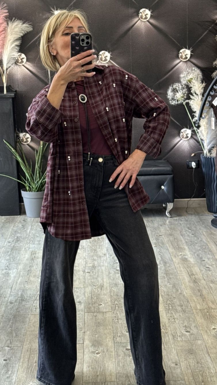 CAMICIA QUADRI OVER IN FLANELLA CON STRASS LUMINOSI stampa bordeaux