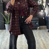 CAMICIA QUADRI OVER IN FLANELLA CON STRASS LUMINOSI stampa bordeaux